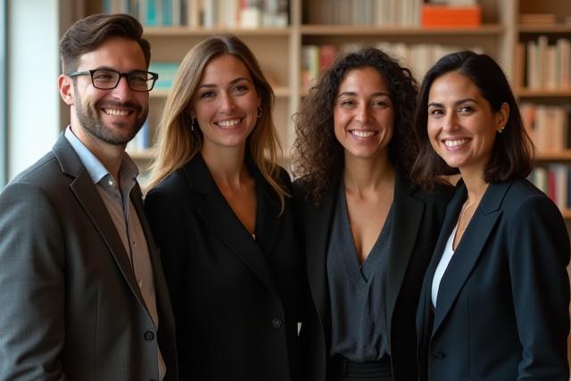 Porträt des Zeichen & Satz Teams in einem hellen, offen gestalteten Buchladen.